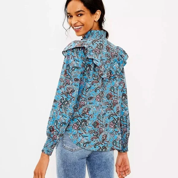 LOFT Blue Paisley Ruffle Yoke Blouse Size Small Button Front - Picture 2 of 12